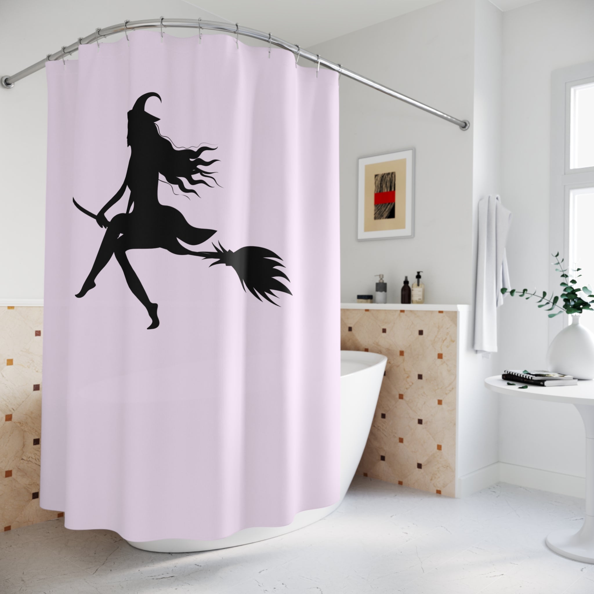 Elegant Witch on Broomstick Silhouette Shower Curtain Gift: Whimsical Magic for Enchanted Homes