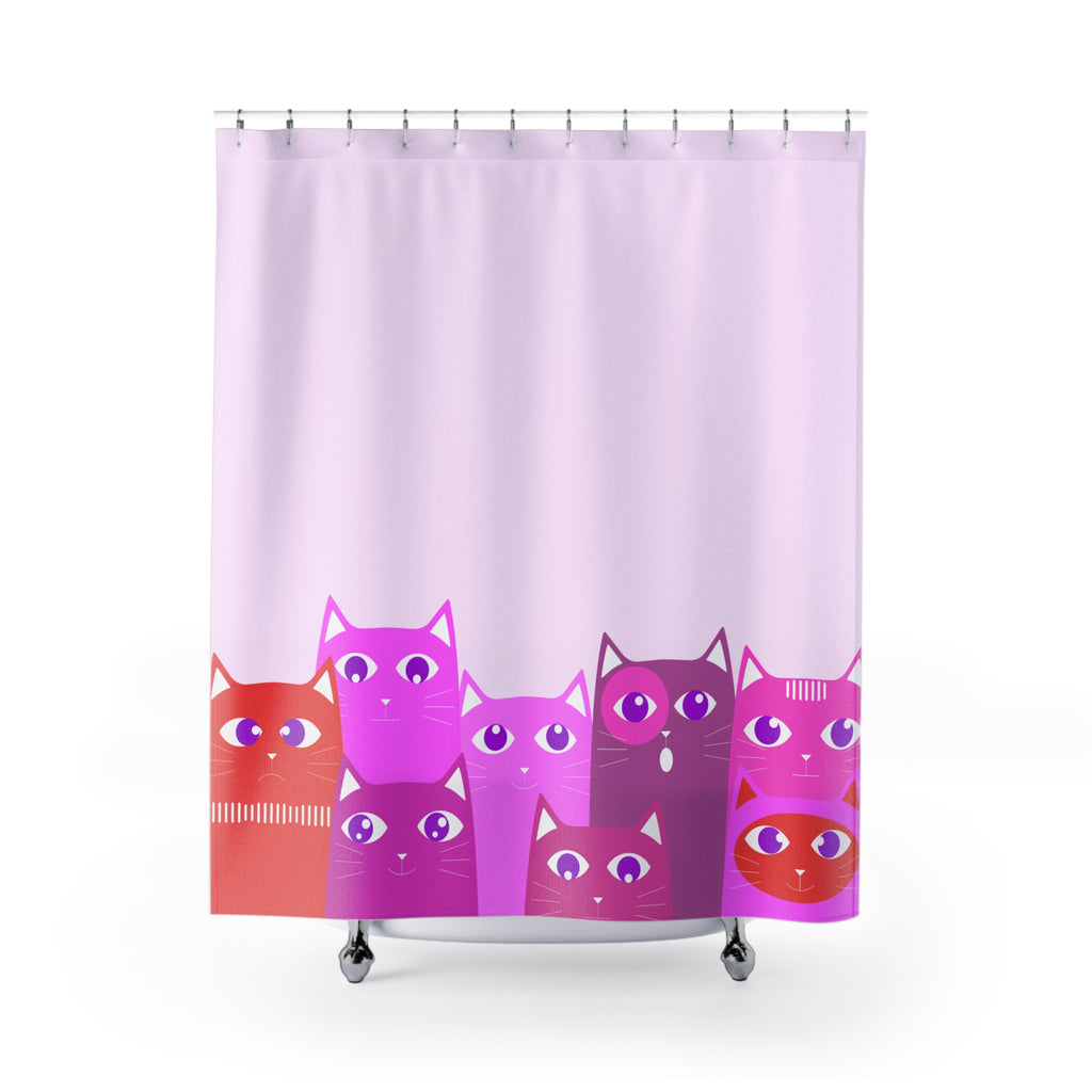 Vibrant Lilac Cat Parade Shower Curtain Gift: Playful Feline Art for Whimsical Homes