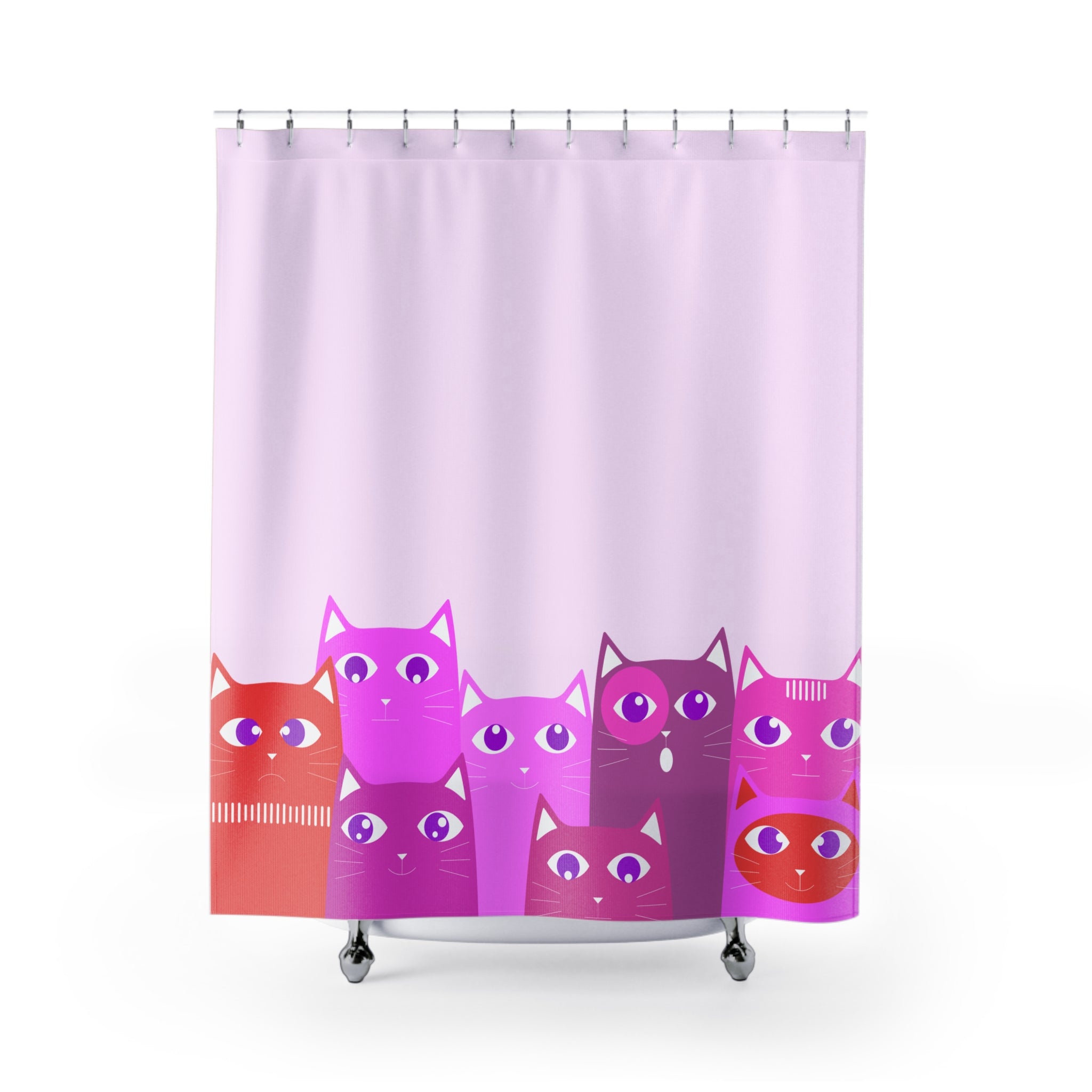 Vibrant Lilac Cat Parade Shower Curtain Gift: Playful Feline Art for Whimsical Homes