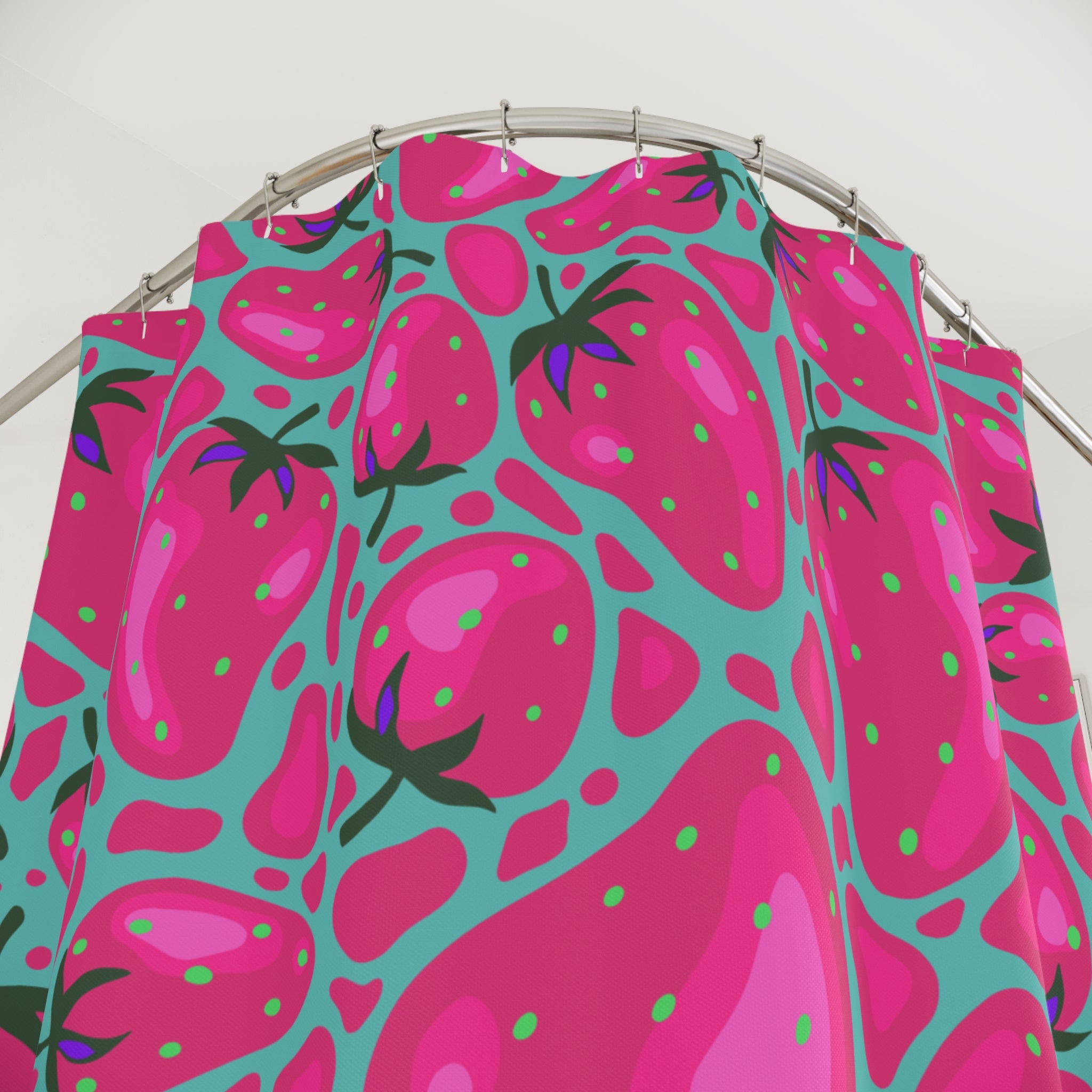 Pink & Teal Strawberry Pop Art Shower Curtain Gift: Whimsical Fruit for Vibrant Homes