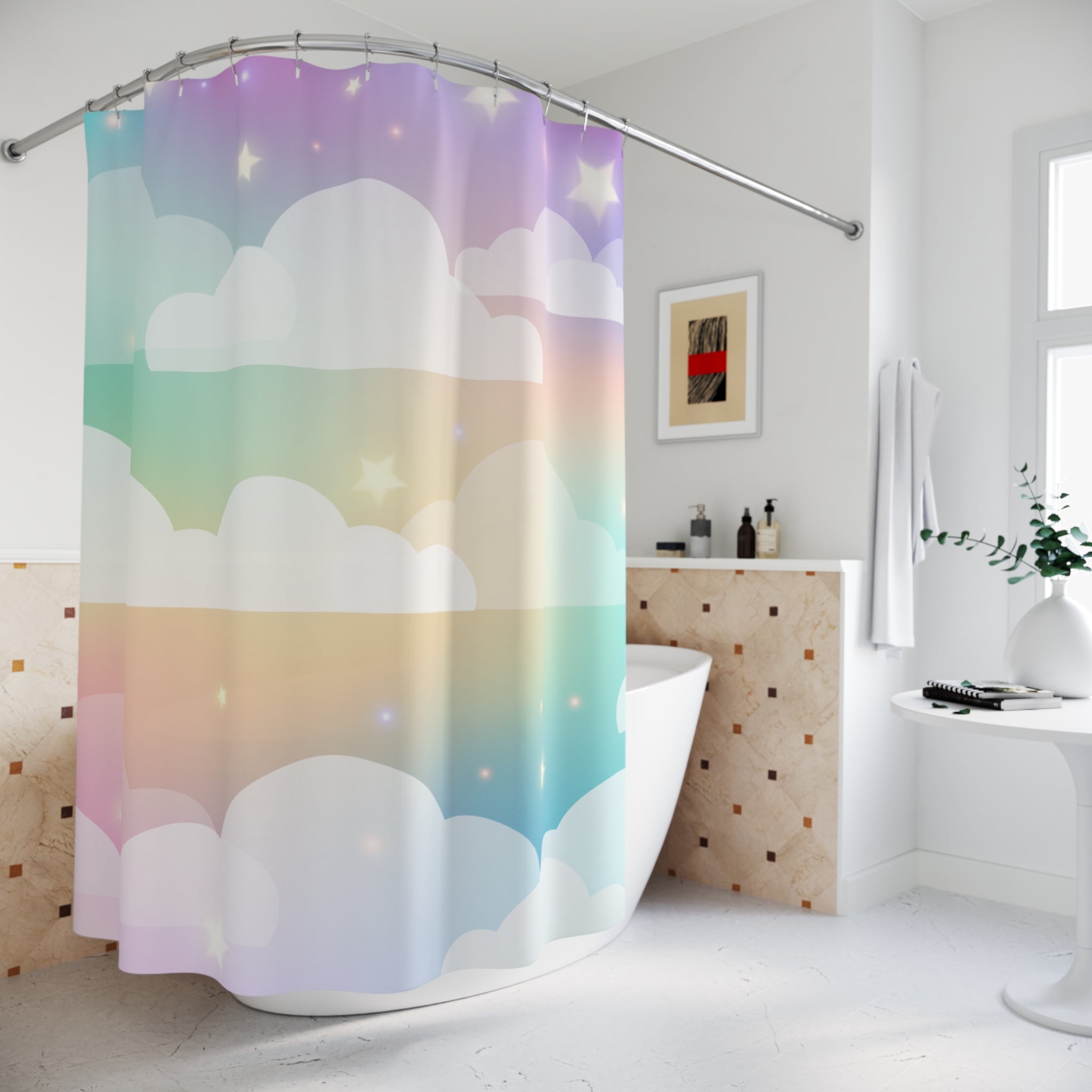 Pastel Rainbow Cloud & Star Shower Curtain Gift: Dreamy Sky for Enchanted Homes