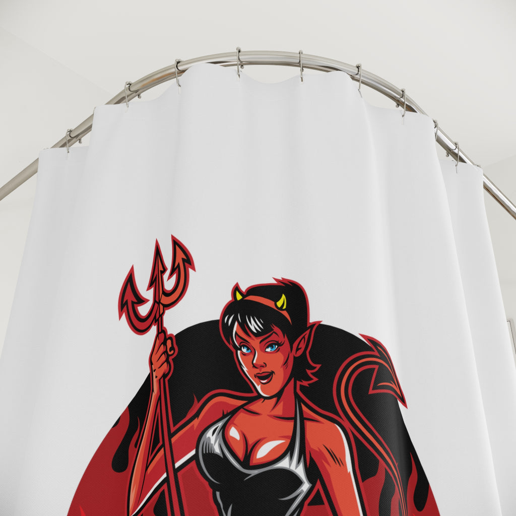 Pin-Up She-Devil & Flames Shower Curtain Gift: Edgy Retro Art for Bold Bathrooms
