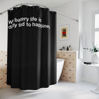"Battery Life = Happiness" Slogan Shower Curtain Gift: Relatable Humor for Modern Homes