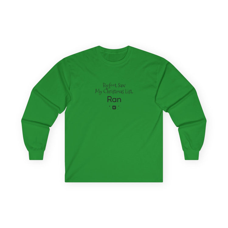 Bigfoot Christmas List long sleeve tee in irish-green – original NewGiftDay design