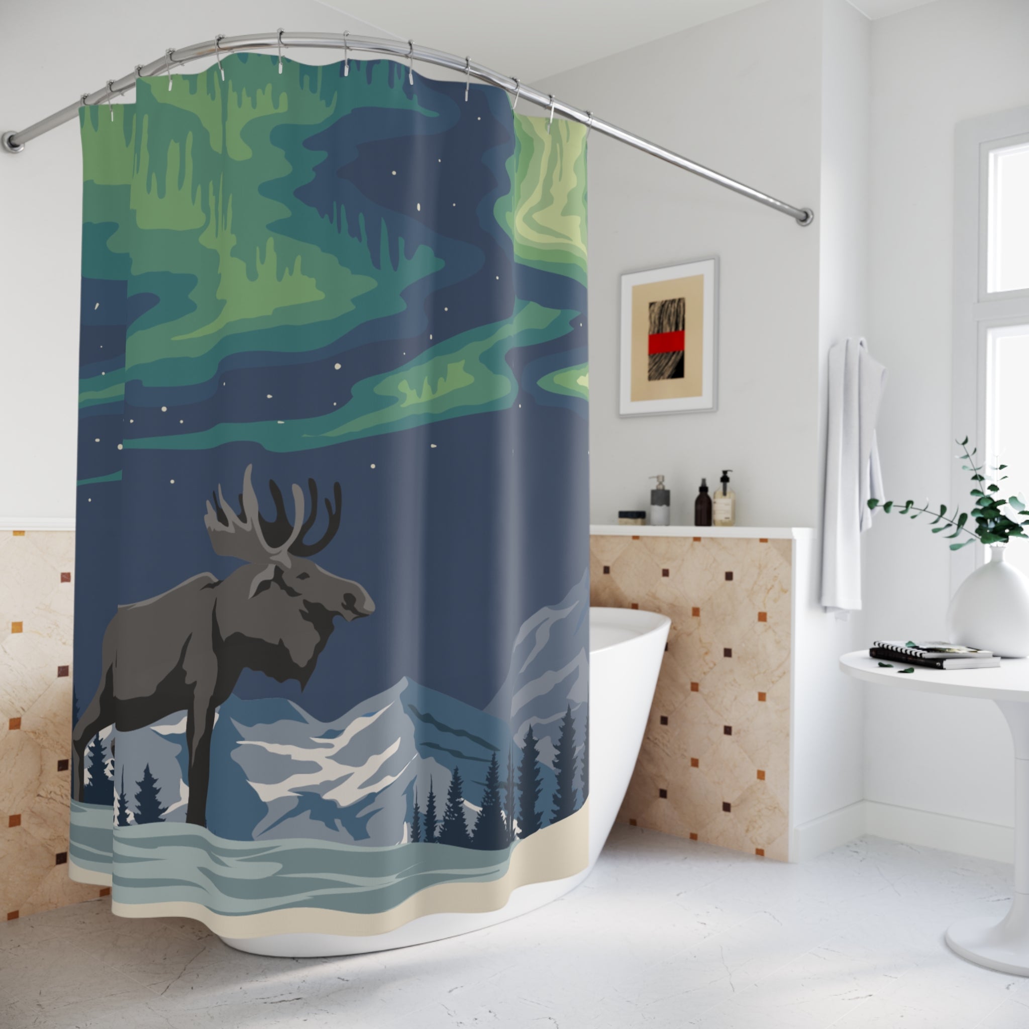 Enchanting Northern Lights Moose Shower Curtain