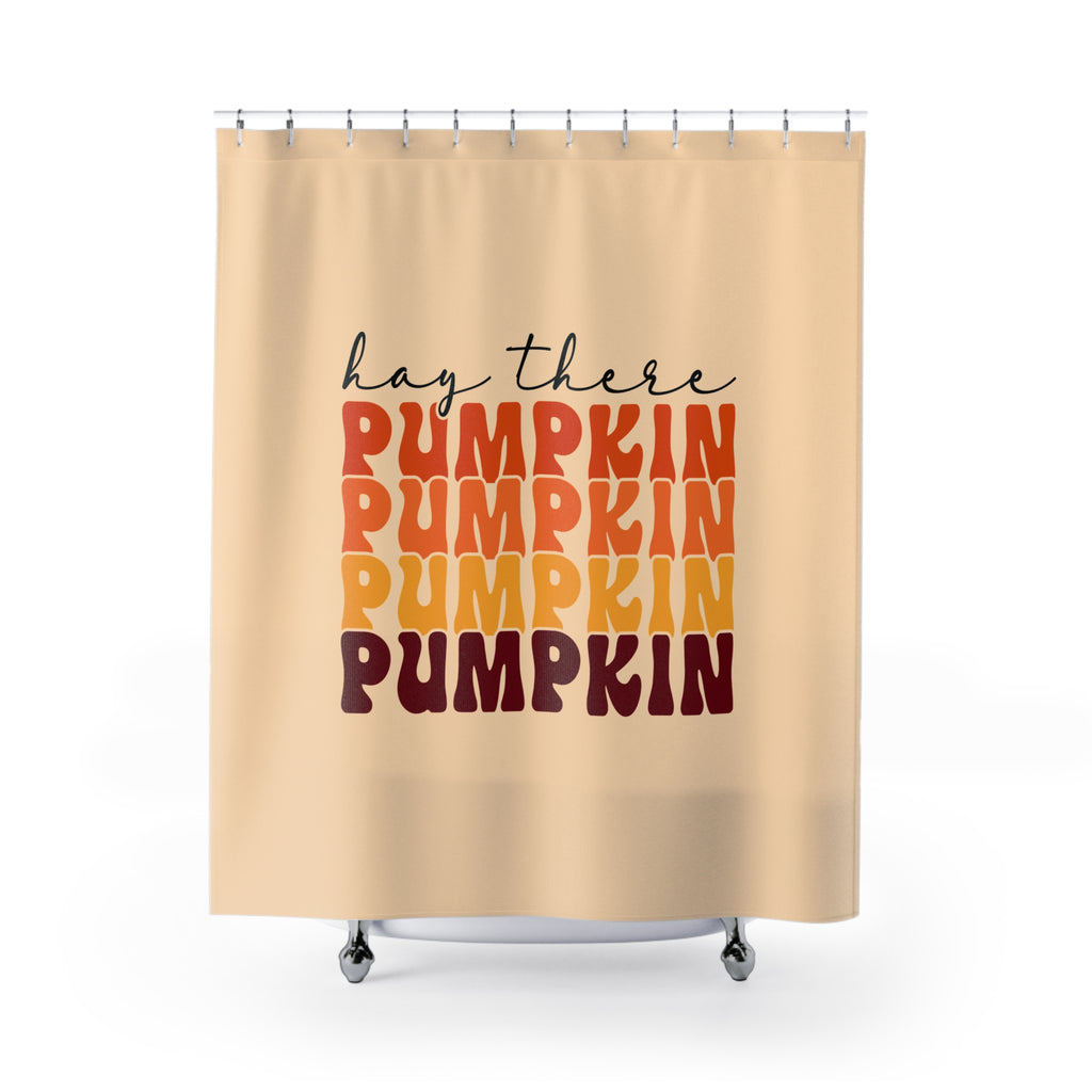 "Hey There Pumpkin" Groovy Autumn Stacked Text Shower Curtain Gift: Retro Warmth for Fall Homes