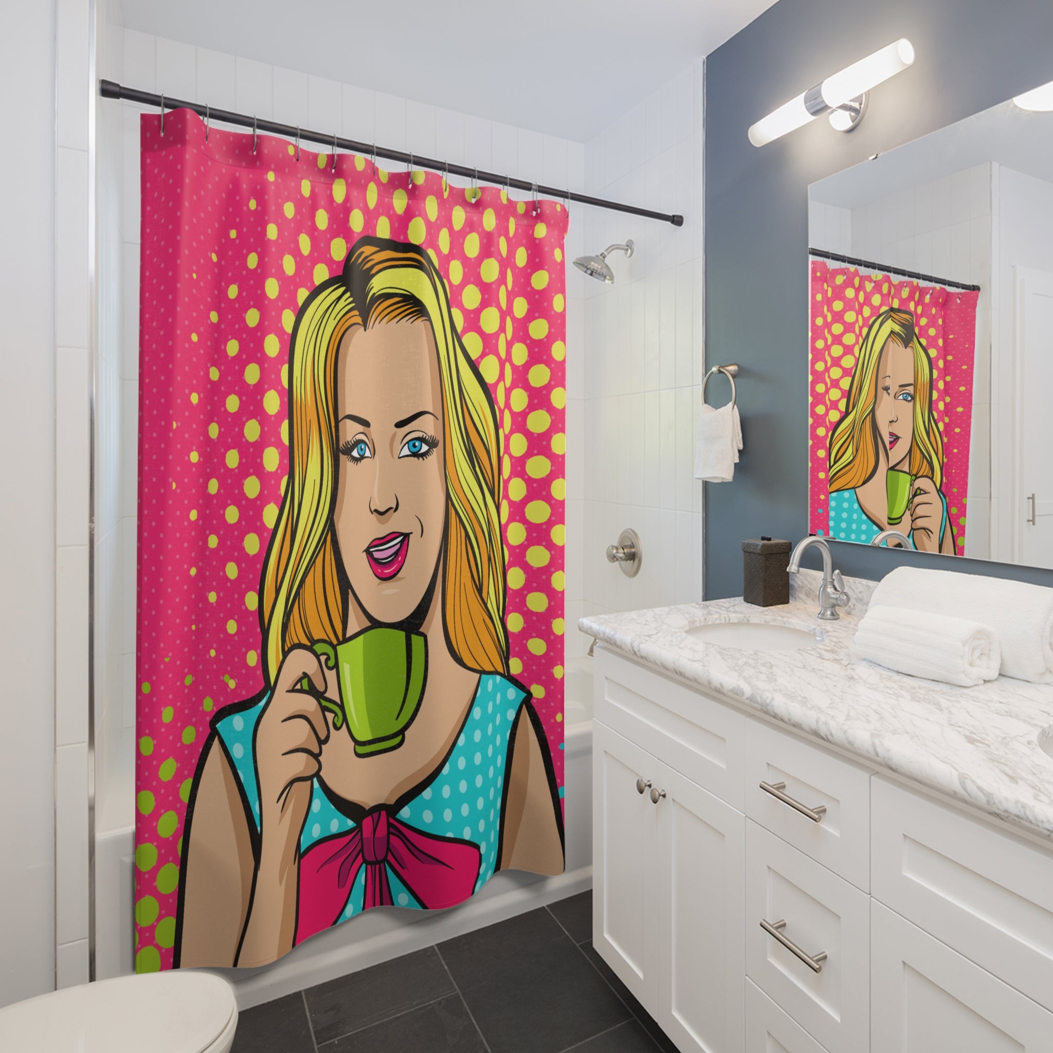 Pop Art Winking Woman with Teacup Shower Curtain Gift: Retro Glam for Chic Homes