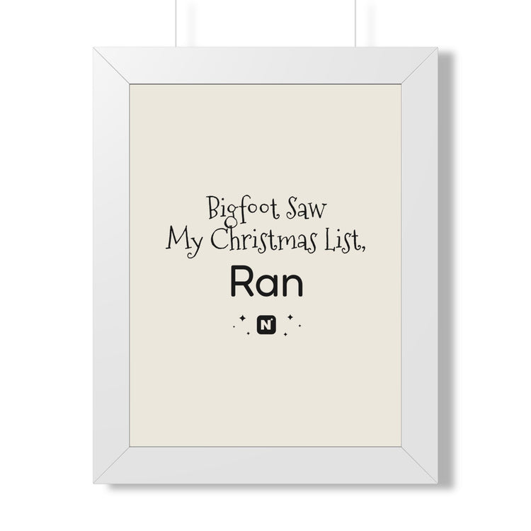 Bigfoot Christmas List Framed poster in white – original NewGiftDay design