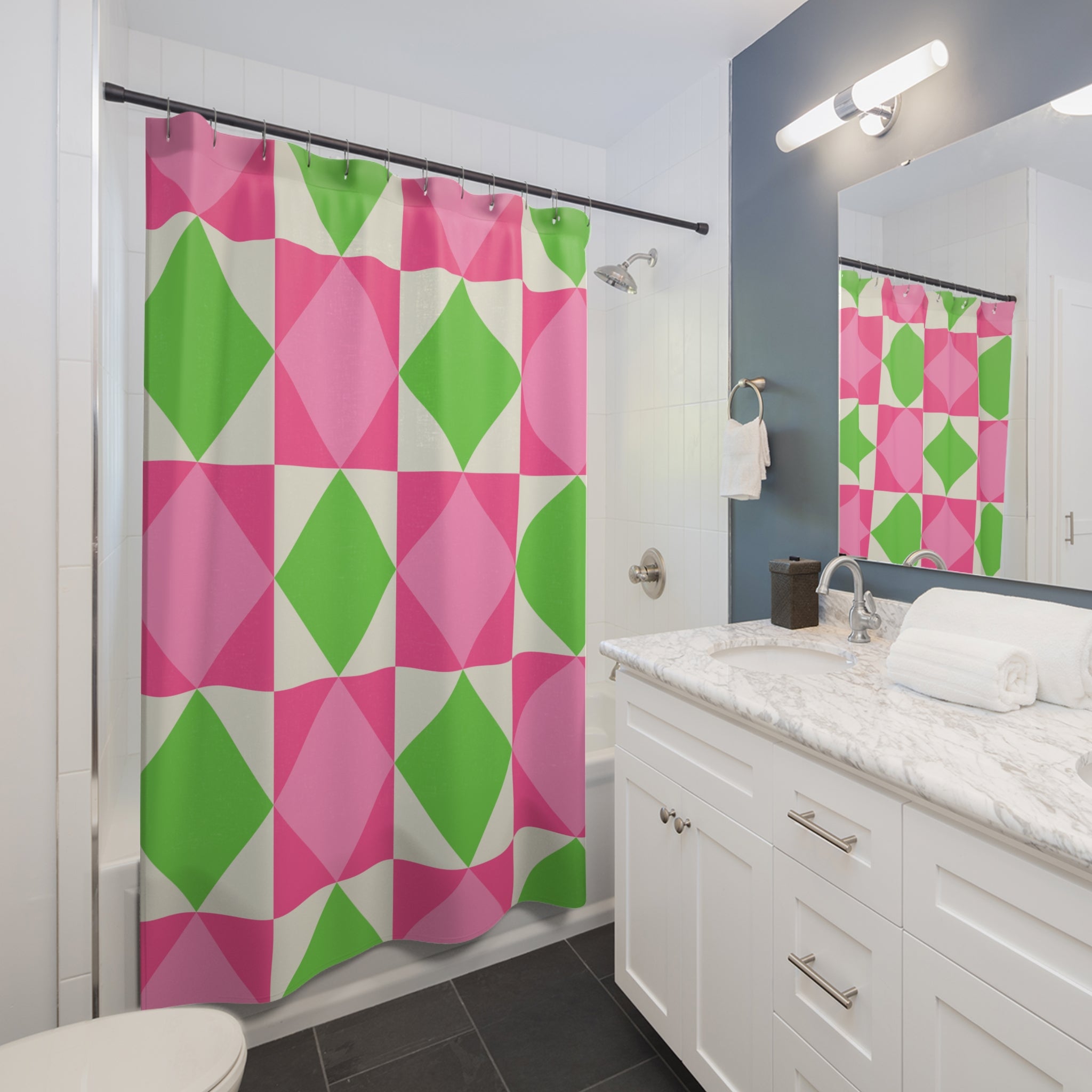 Pink & Green Quilt Square Shower Curtain Gift: Preppy Chic for a Bright Home