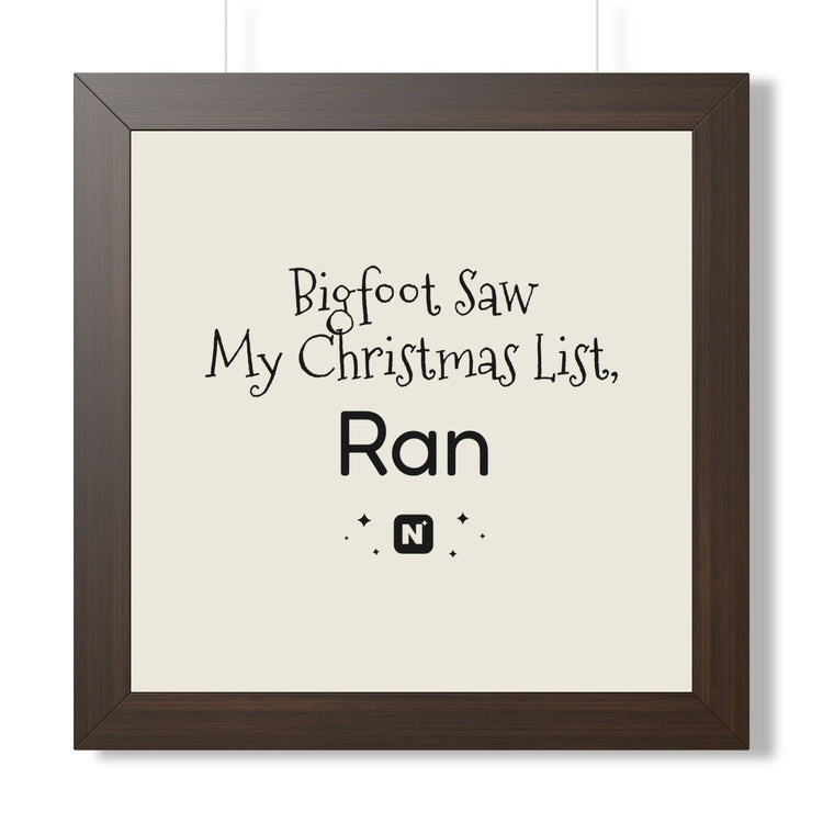 Bigfoot Christmas List Framed poster in walnut – original NewGiftDay design