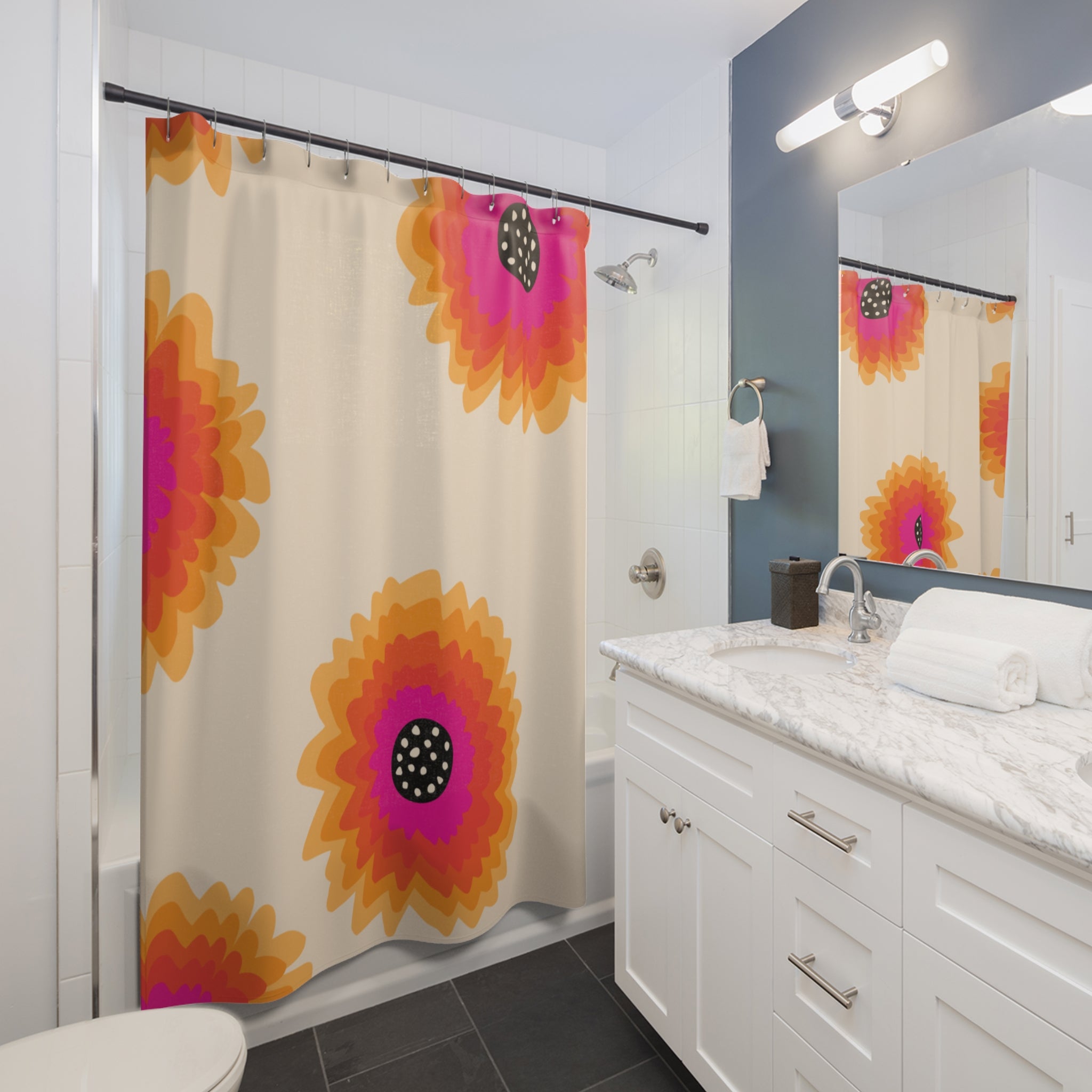 Retro Layered Floral Shower Curtain Gift: 70s Sunset Vibe for Bold Bathrooms