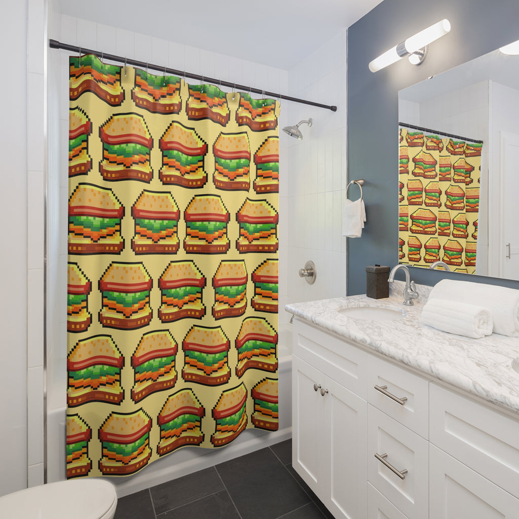 Pixel Hamburger Shower Curtain Gift: Retro Gaming Feast for Foodie Homes