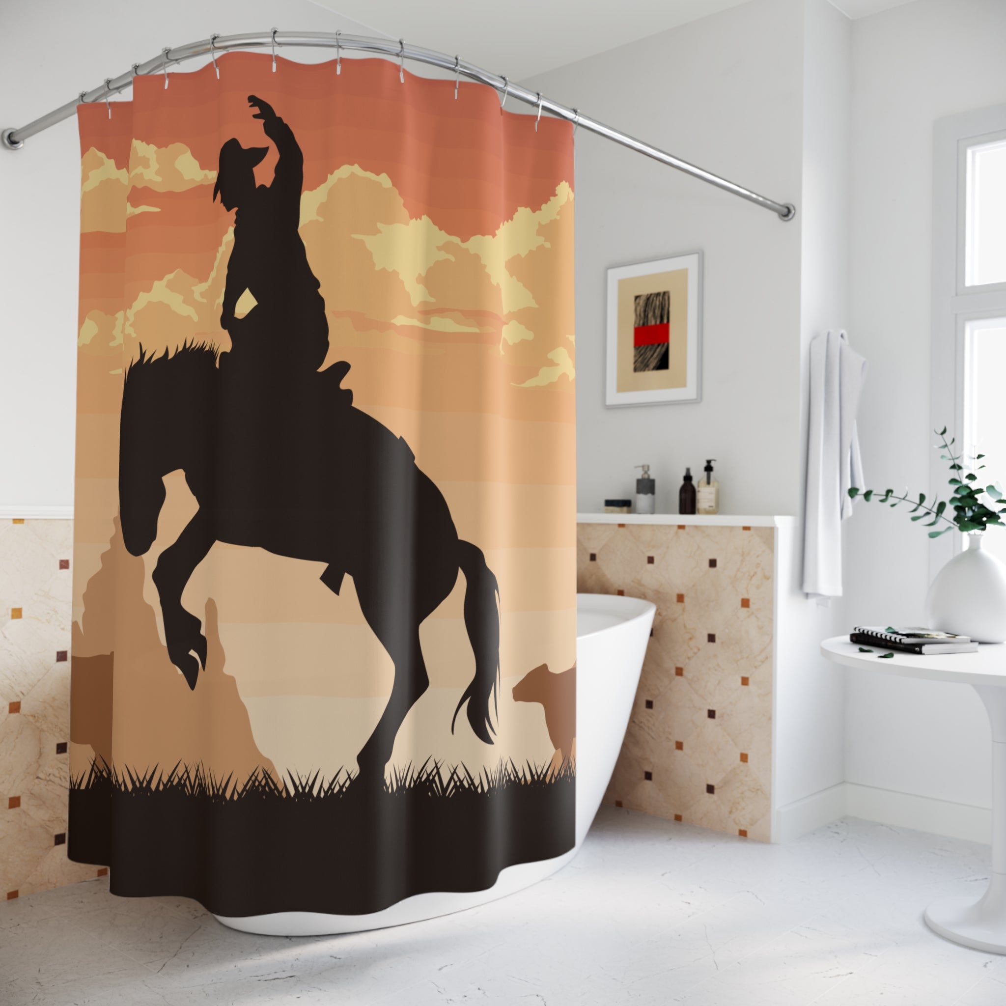 Western Sunset Bucking Bronc Shower Curtain Gift: Dramatic Rodeo Art for Rustic Homes