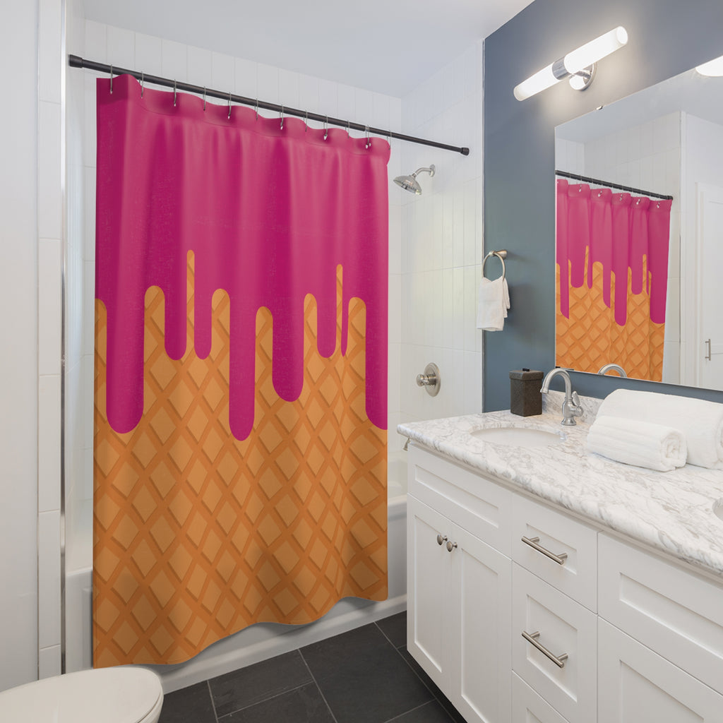 Waffle Cone Raspberry Drip Shower Curtain Gift: Playful Dessert Decor