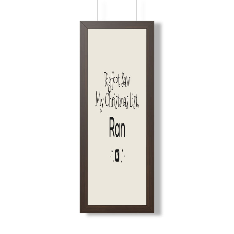 Bigfoot Christmas List Framed poster in walnut – original NewGiftDay design