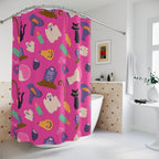 Bright Pink Halloween Icon Pattern Shower Curtain Gift: Playful Spooky for Festive Homes