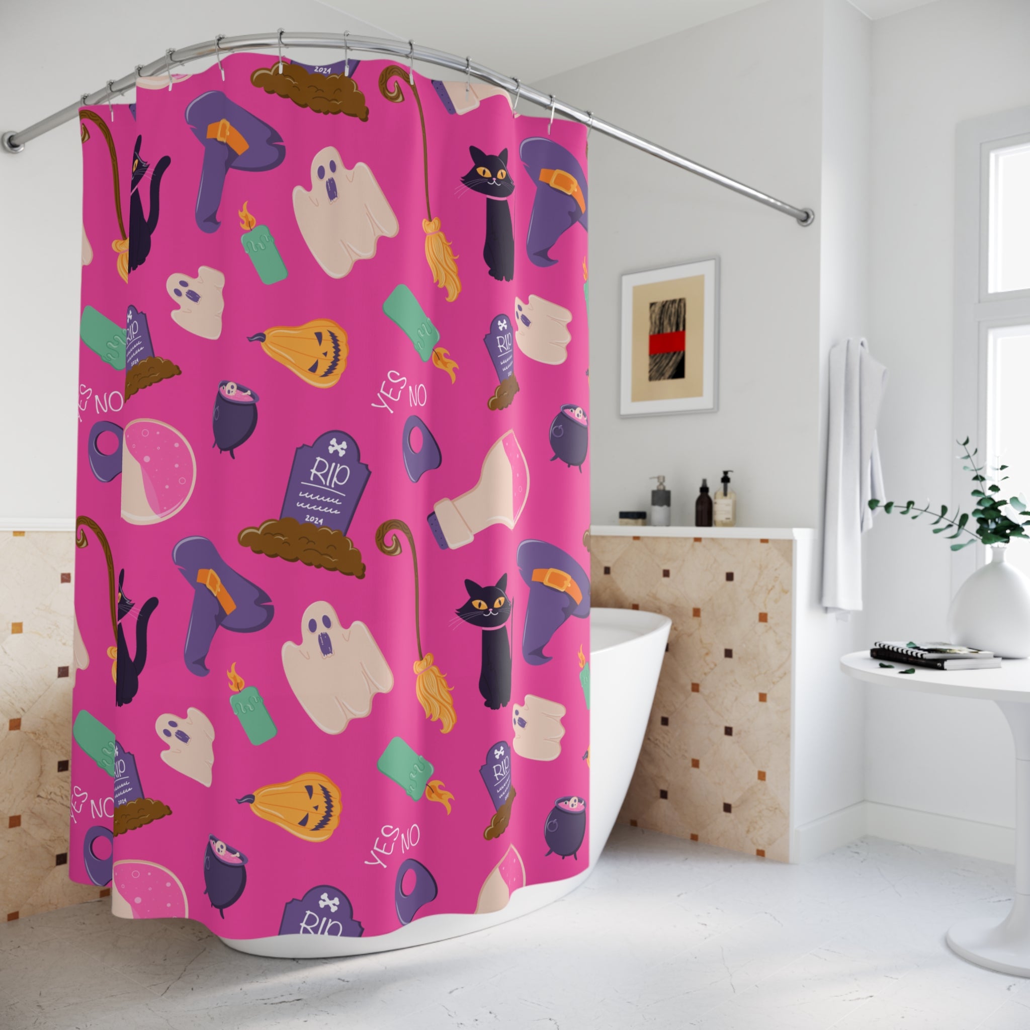 Bright Pink Halloween Icon Pattern Shower Curtain Gift: Playful Spooky for Festive Homes