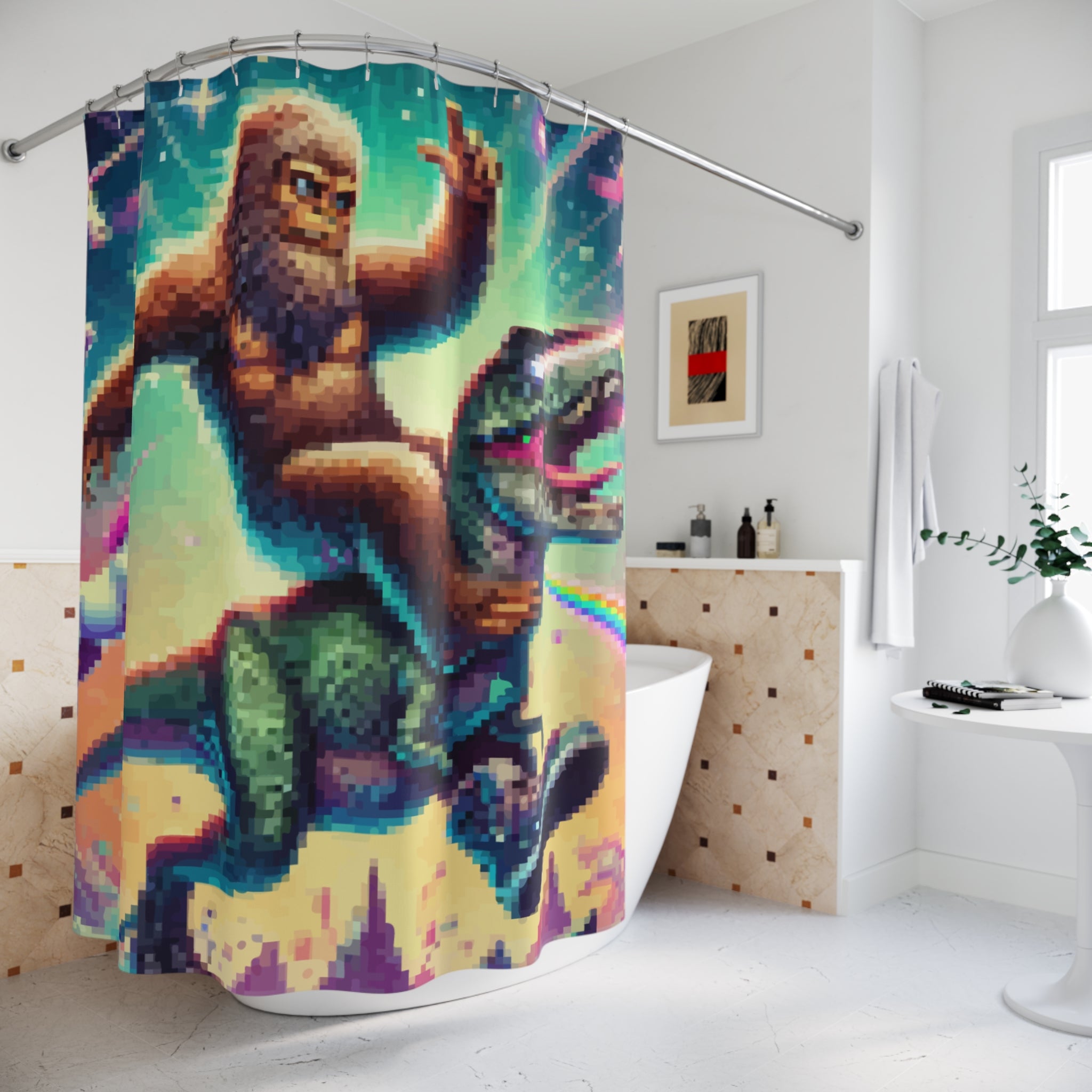 Epic Sasquatch T-Rex Laser Unicorn Shower Curtain Gift: Hilarious Pixel Fantasy