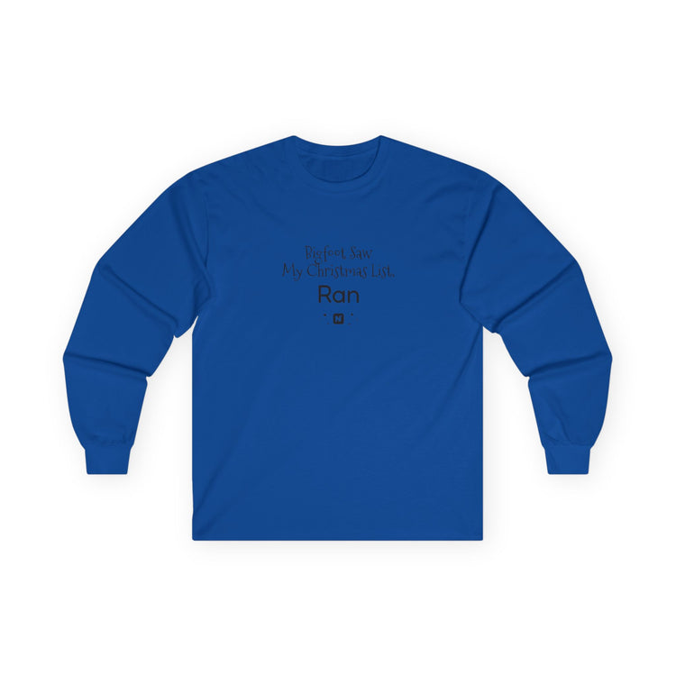 Bigfoot Christmas List long sleeve tee in royal – original NewGiftDay design