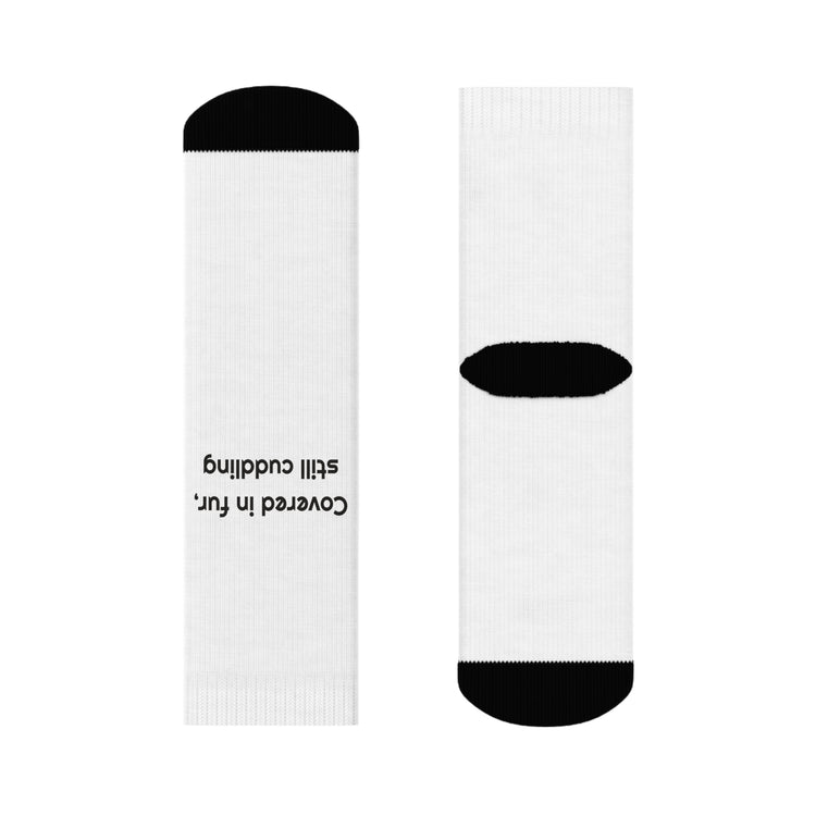 Covered in fur still cuddling Printed Crew for Cozy Pet Steps socks – original NewGiftDay design