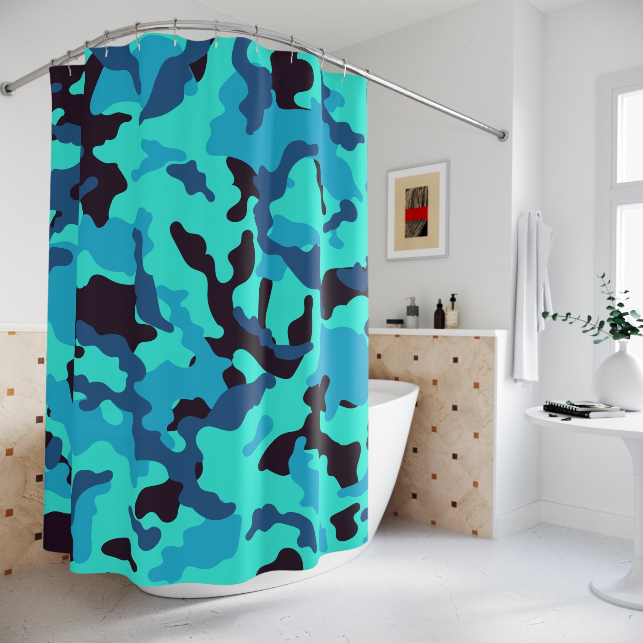 Vibrant Blue Camouflage Shower Curtain: Gift for a Bold, Energetic Space