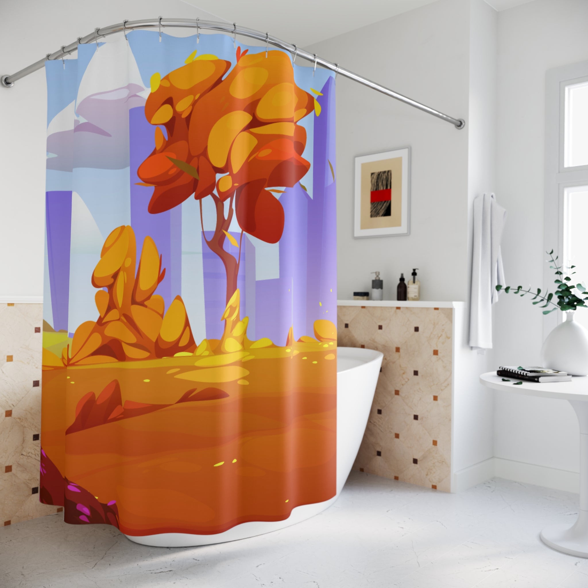 Vibrant Autumn Cityscape Landscape Shower Curtain Gift: Modern Fall for Artistic Homes