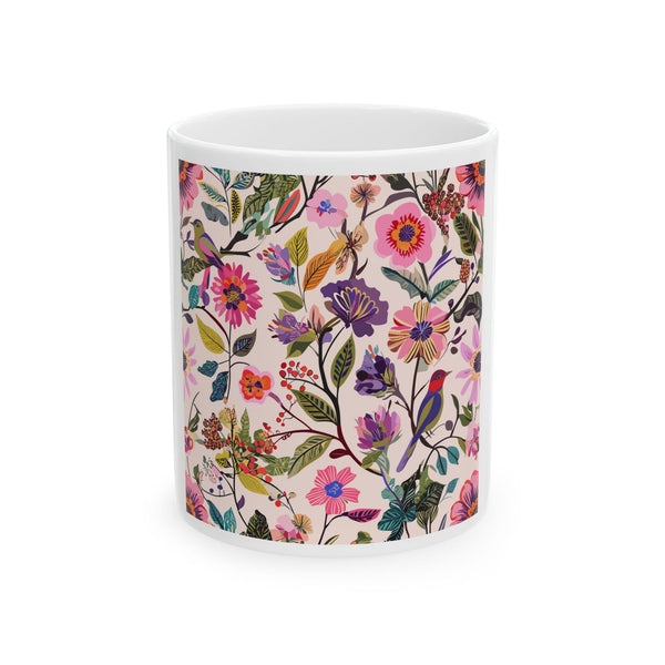 Blush Bird Garden Ceramic Coffee Mug for Bloomy Mornings design
