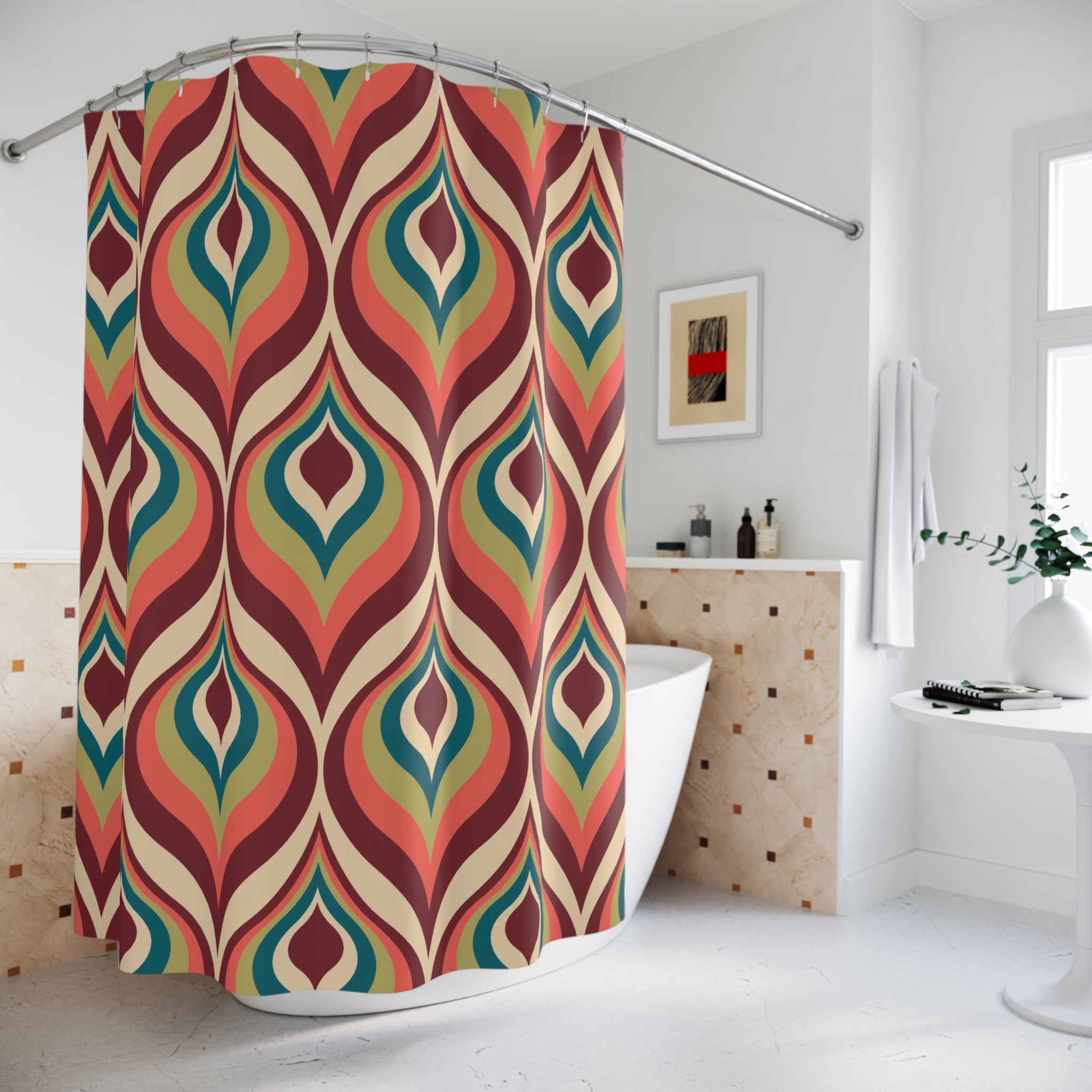 Mid-Century Ogee Pattern Shower Curtain Gift: Retro Elegance for Vintage Homes