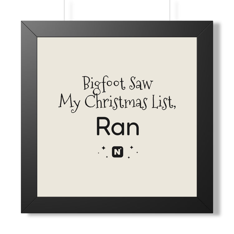 Bigfoot Christmas List Framed poster in black – original NewGiftDay design