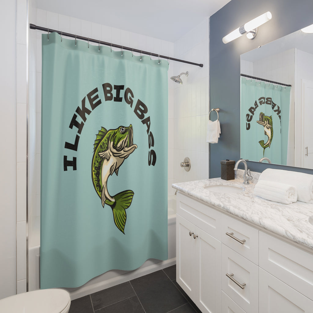 "I Like Big Bass" Slogan Shower Curtain Gift: Witty Fishing Humor for Lake Homes