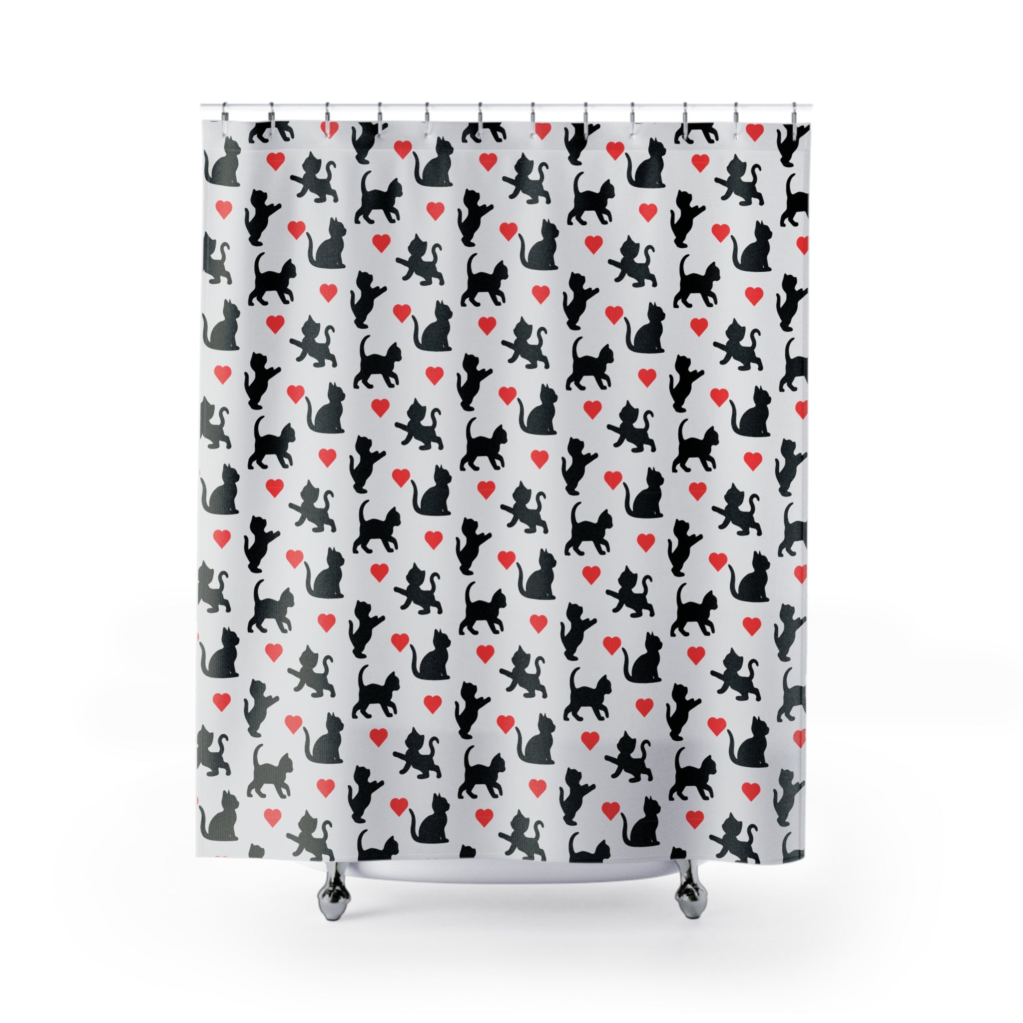 Whimsical Kitty Heart Pattern Shower Curtain Gift: Sweet Goth Style for Cat Lovers