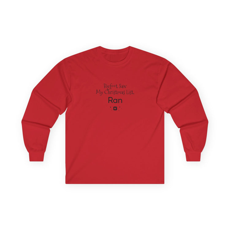Bigfoot Christmas List long sleeve tee in red – original NewGiftDay design