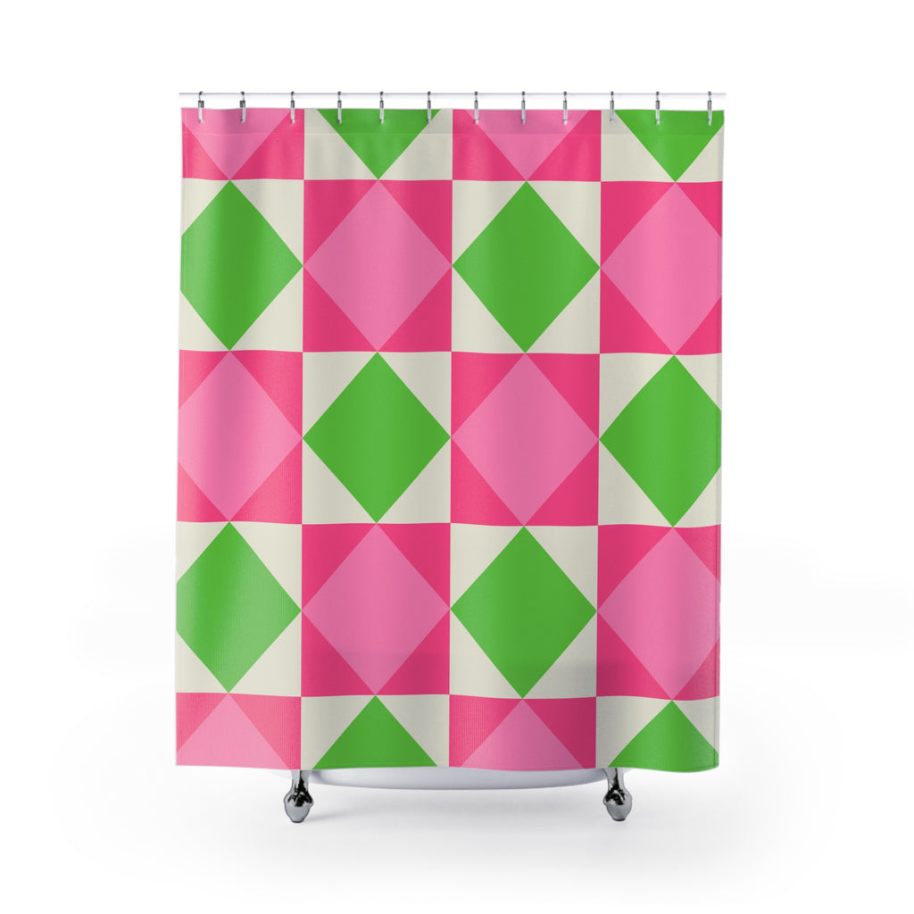 Pink & Green Quilt Square Shower Curtain Gift: Preppy Chic for a Bright Home