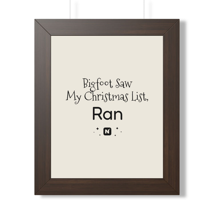 Bigfoot Christmas List Framed poster in walnut – original NewGiftDay design