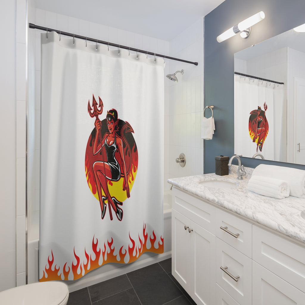 Pin-Up She-Devil & Flames Shower Curtain Gift: Edgy Retro Art for Bold Bathrooms