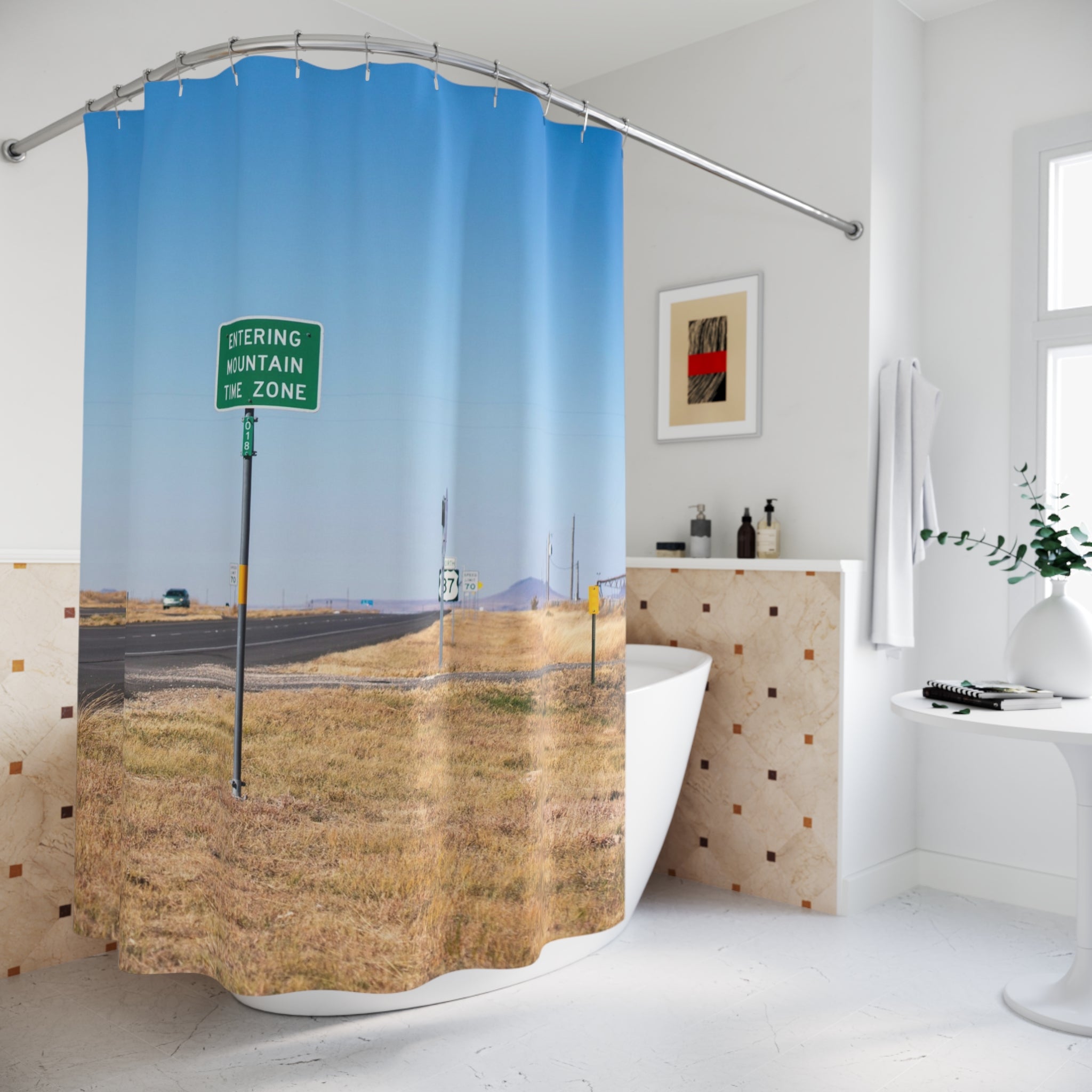 "Mountain Time Zone" Photo Art Shower Curtain Gift: Road Trip Vibe for Traveler Homes