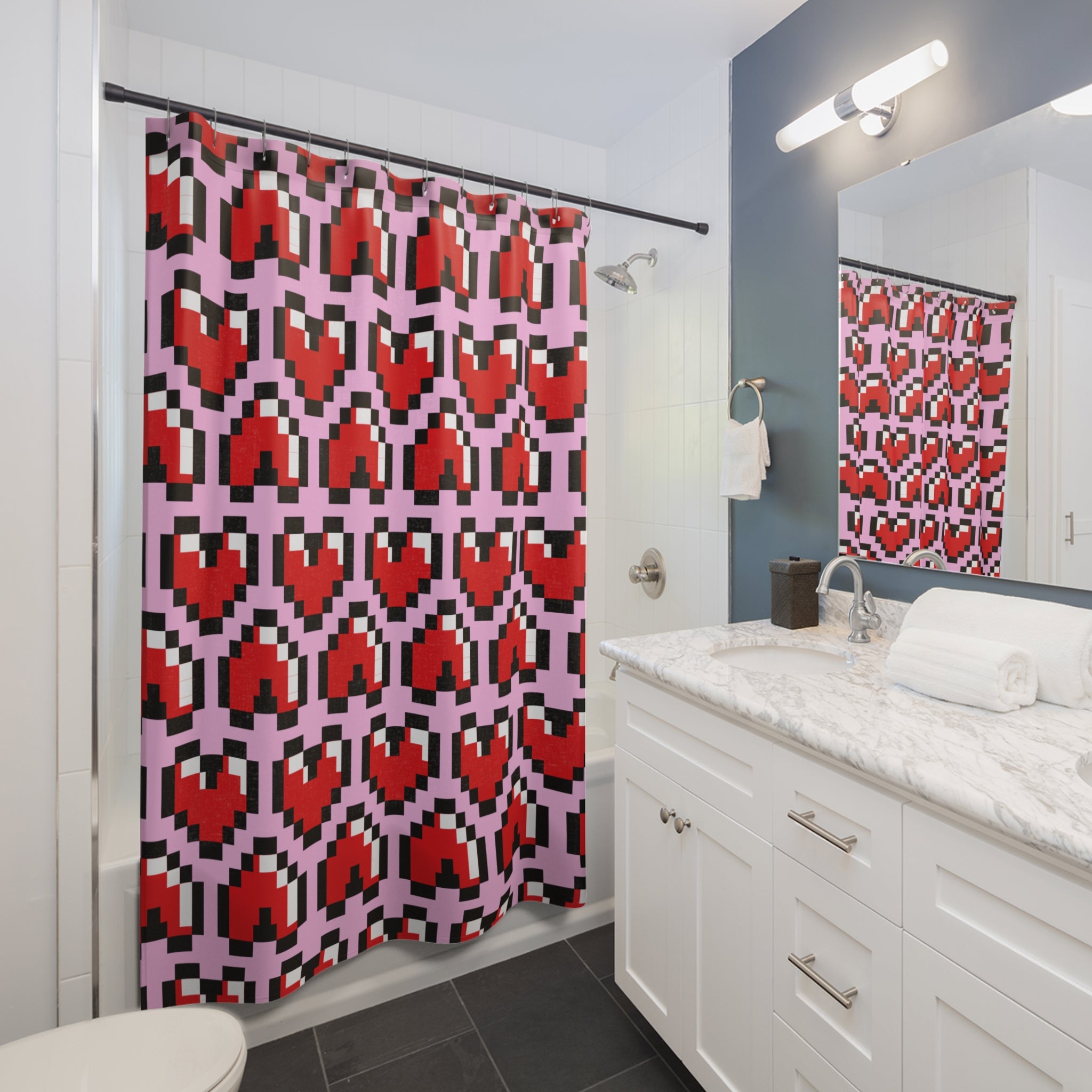 Pixel Heart Gaming Shower Curtain Gift: Retro Love for Gamer Homes