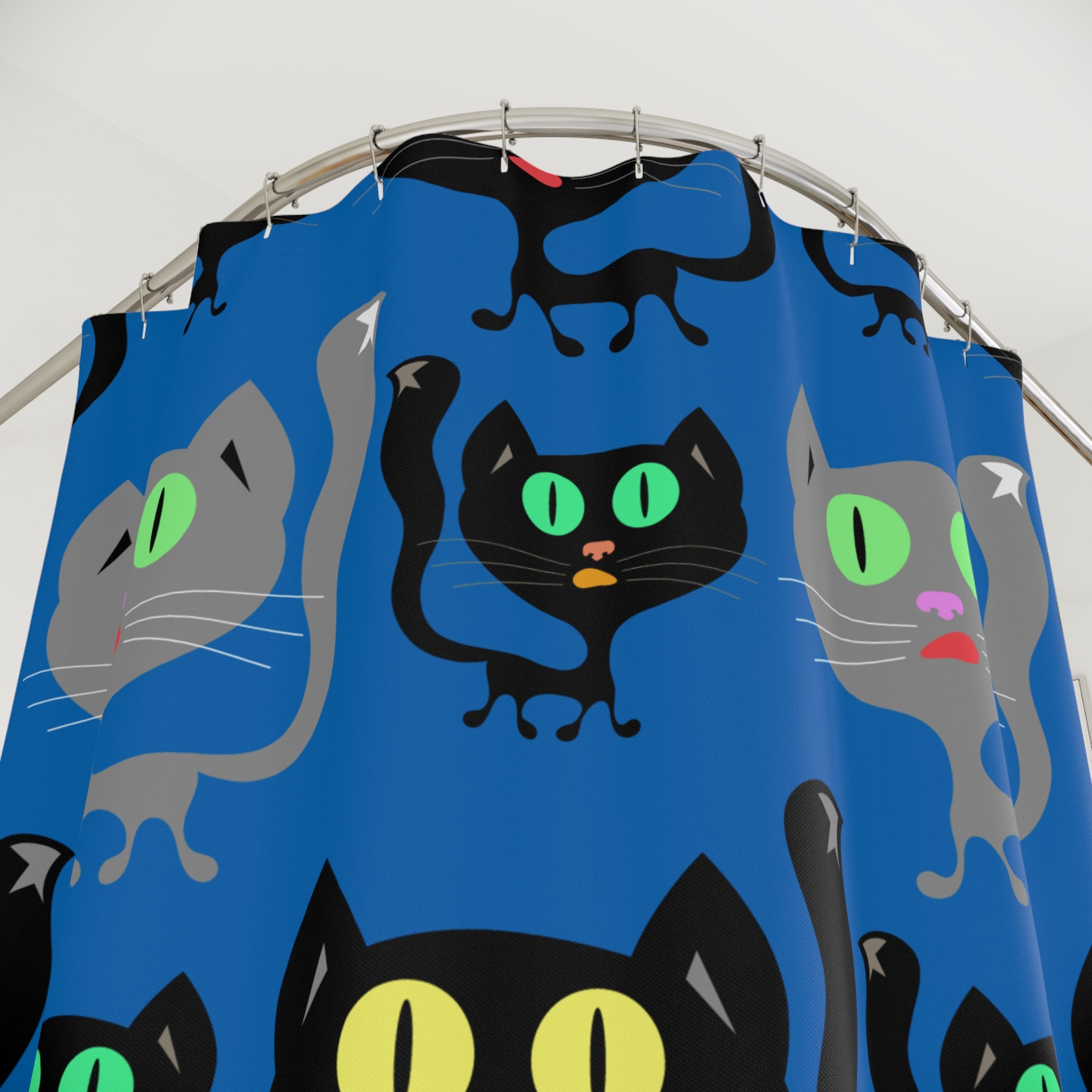 Whimsical Black Cat Blue Pattern Shower Curtain Gift: Cozy Feline Charm for Pet Lovers