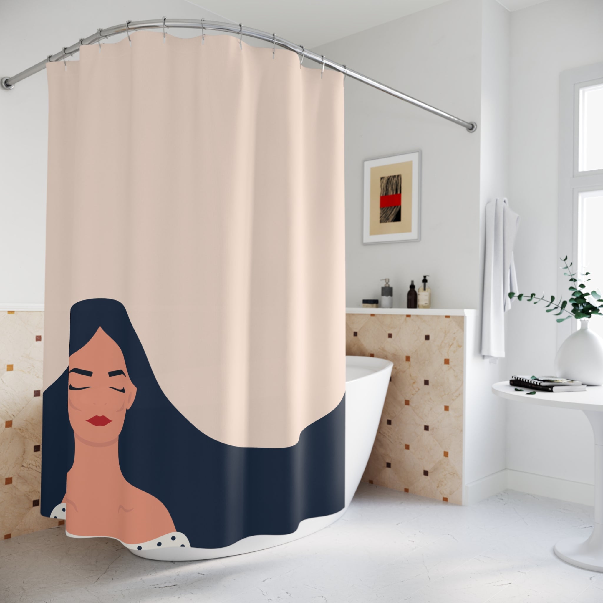 "Inner Peace" Minimalist Woman Shower Curtain Gift: Calm Art for Meditative Spaces