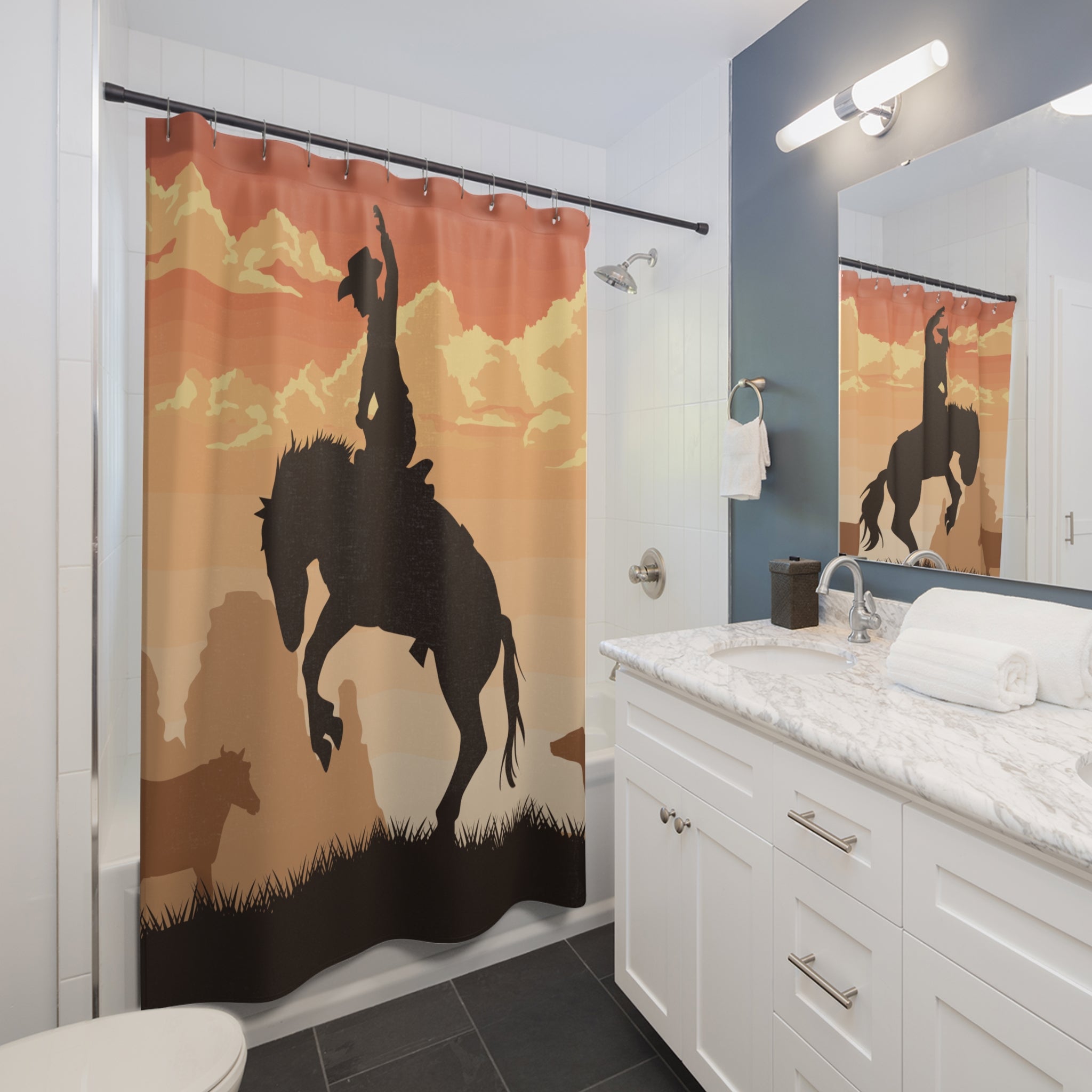 Western Sunset Bucking Bronc Shower Curtain Gift: Dramatic Rodeo Art for Rustic Homes
