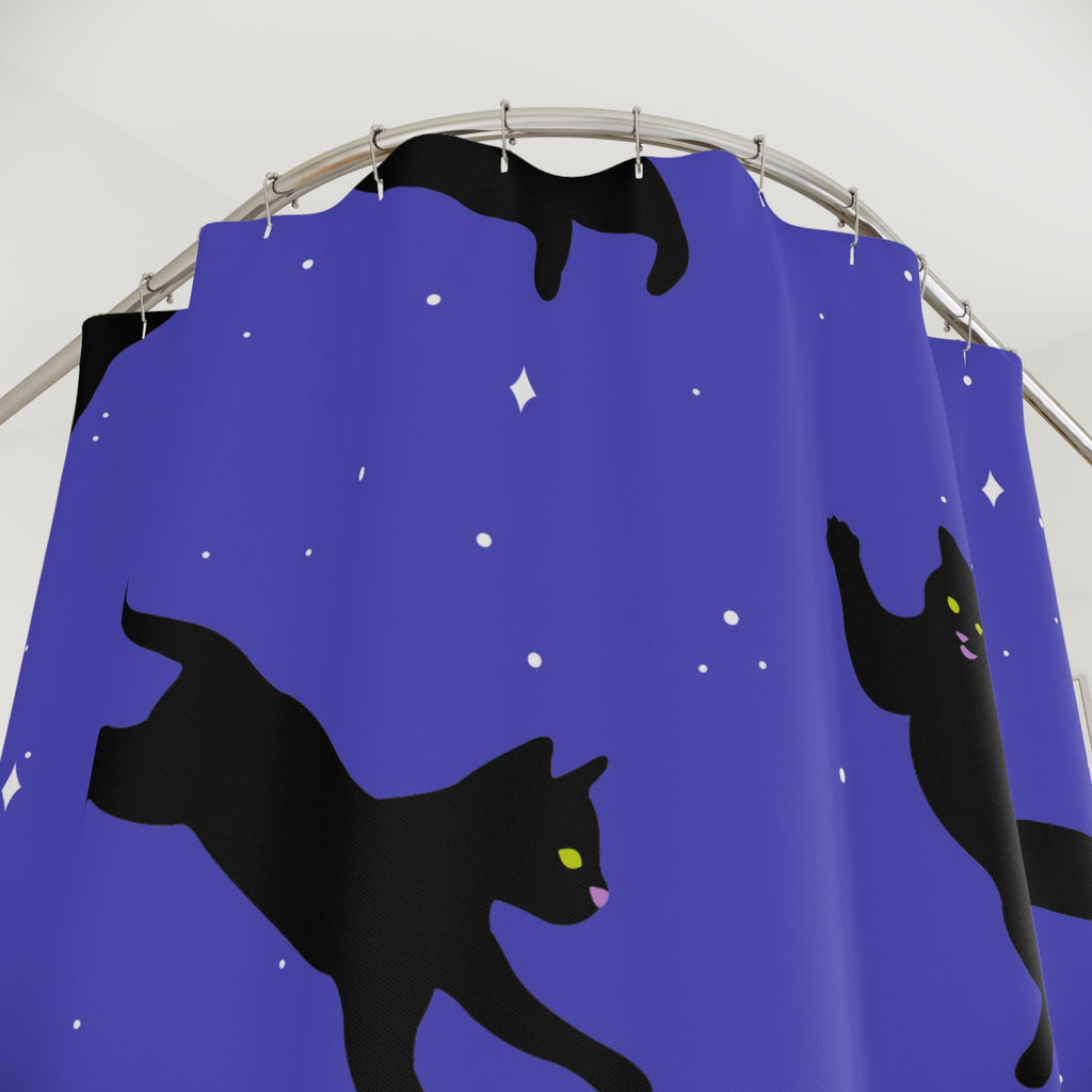 Floating Black Cats Night Sky Shower Curtain Gift: Celestial Chaos for Pet Lovers