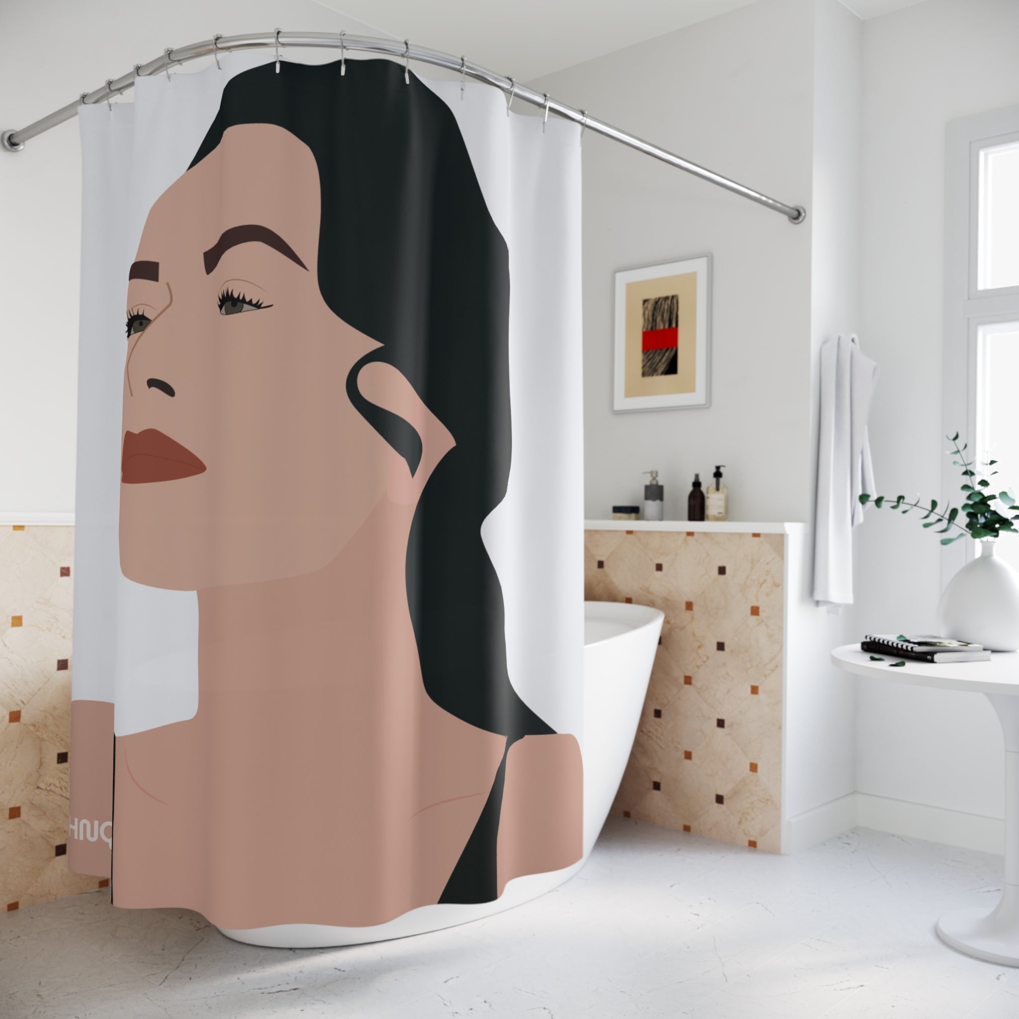 "Gaze Upward" Minimalist Woman Shower Curtain Gift: Empowering Art for Reflective Spaces
