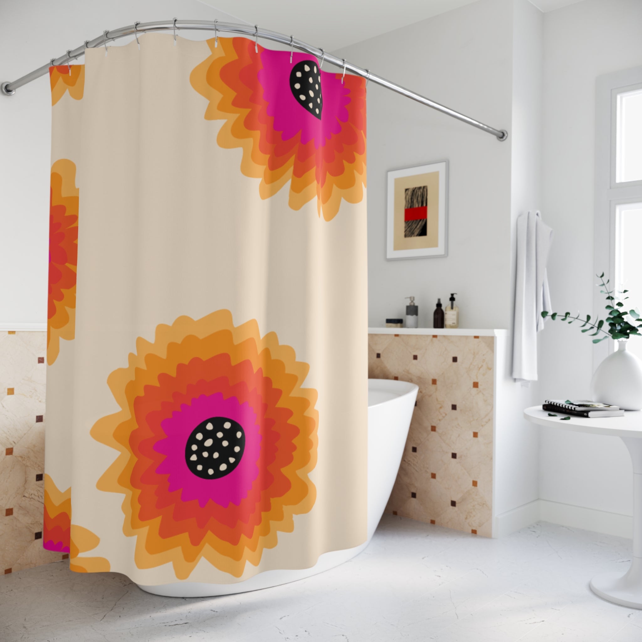 Retro Layered Floral Shower Curtain Gift: 70s Sunset Vibe for Bold Bathrooms