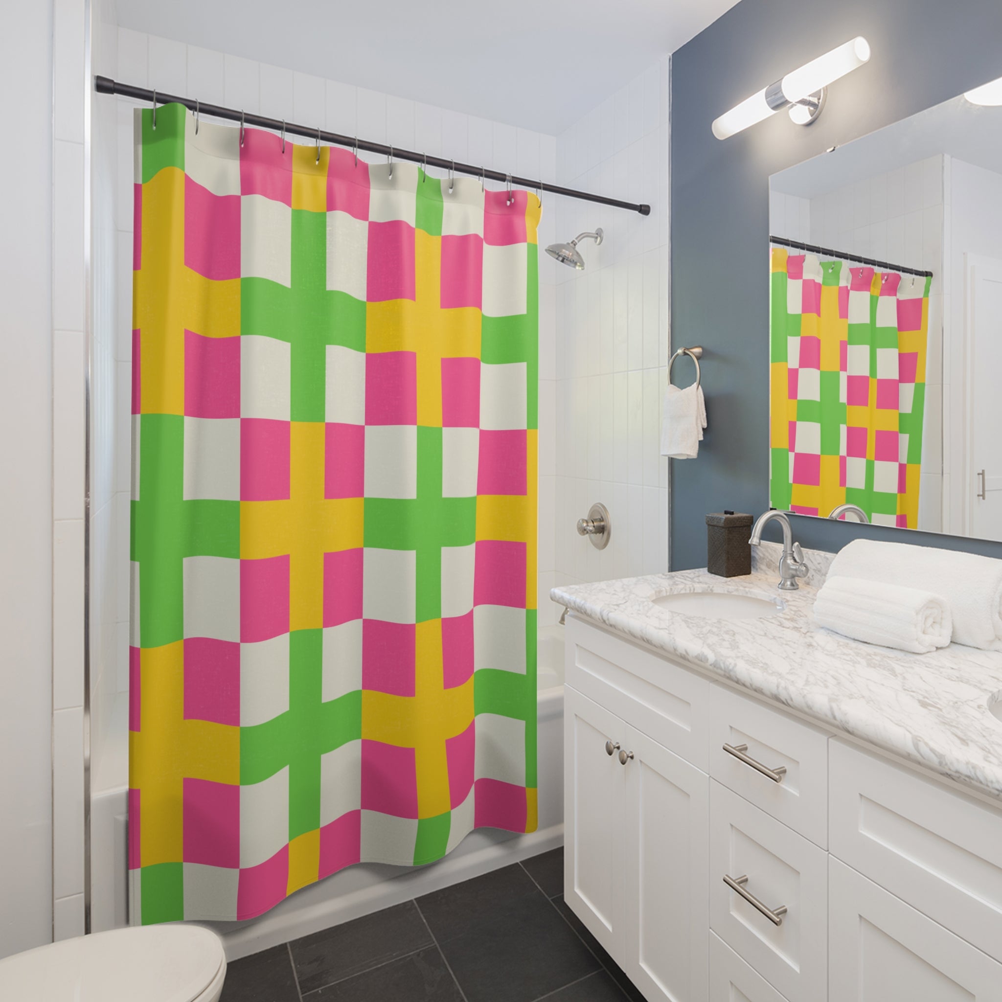 Pink, Green & Yellow Checkerboard Shower Curtain Gift: Dopamine Decor for Bold Homes