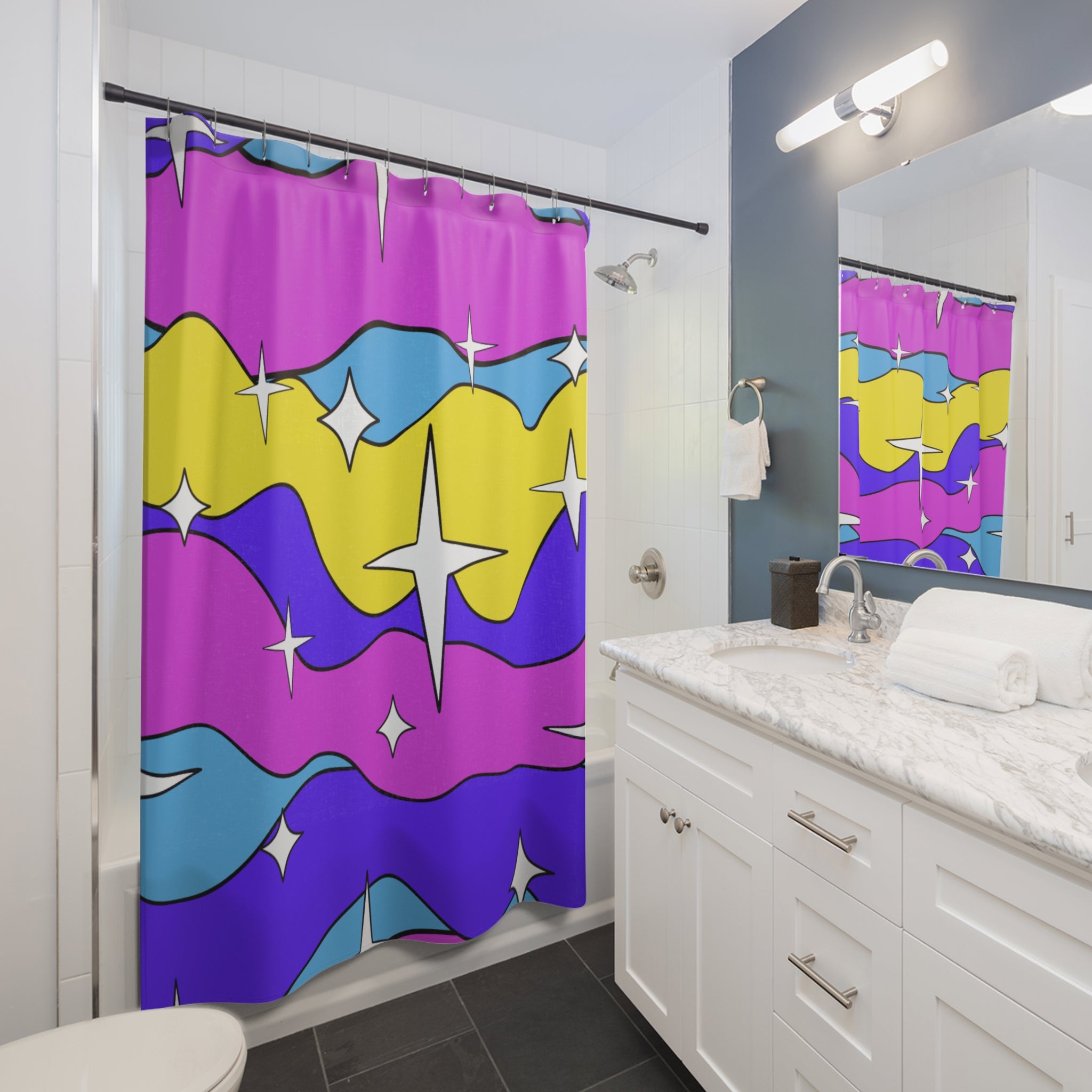 Cosmic Wavy Stars Shower Curtain Gift: Groovy Space Art for Dreamy Homes
