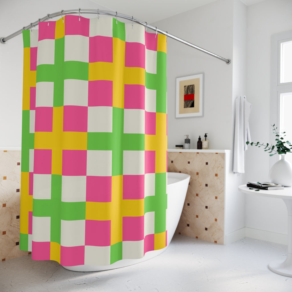 Pink, Green & Yellow Checkerboard Shower Curtain Gift: Dopamine Decor for Bold Homes