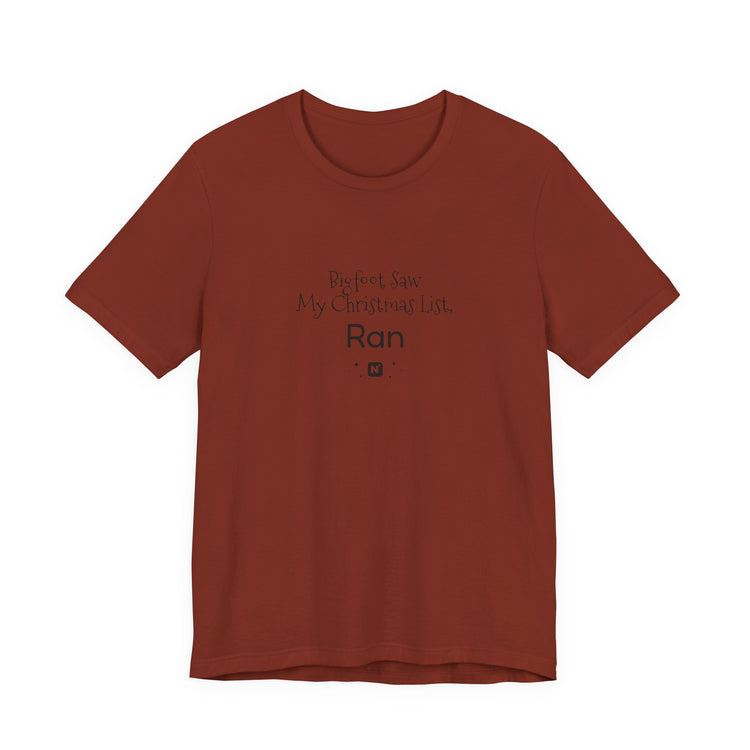 Bigfoot Christmas List T-shirt in rust – original NewGiftDay design