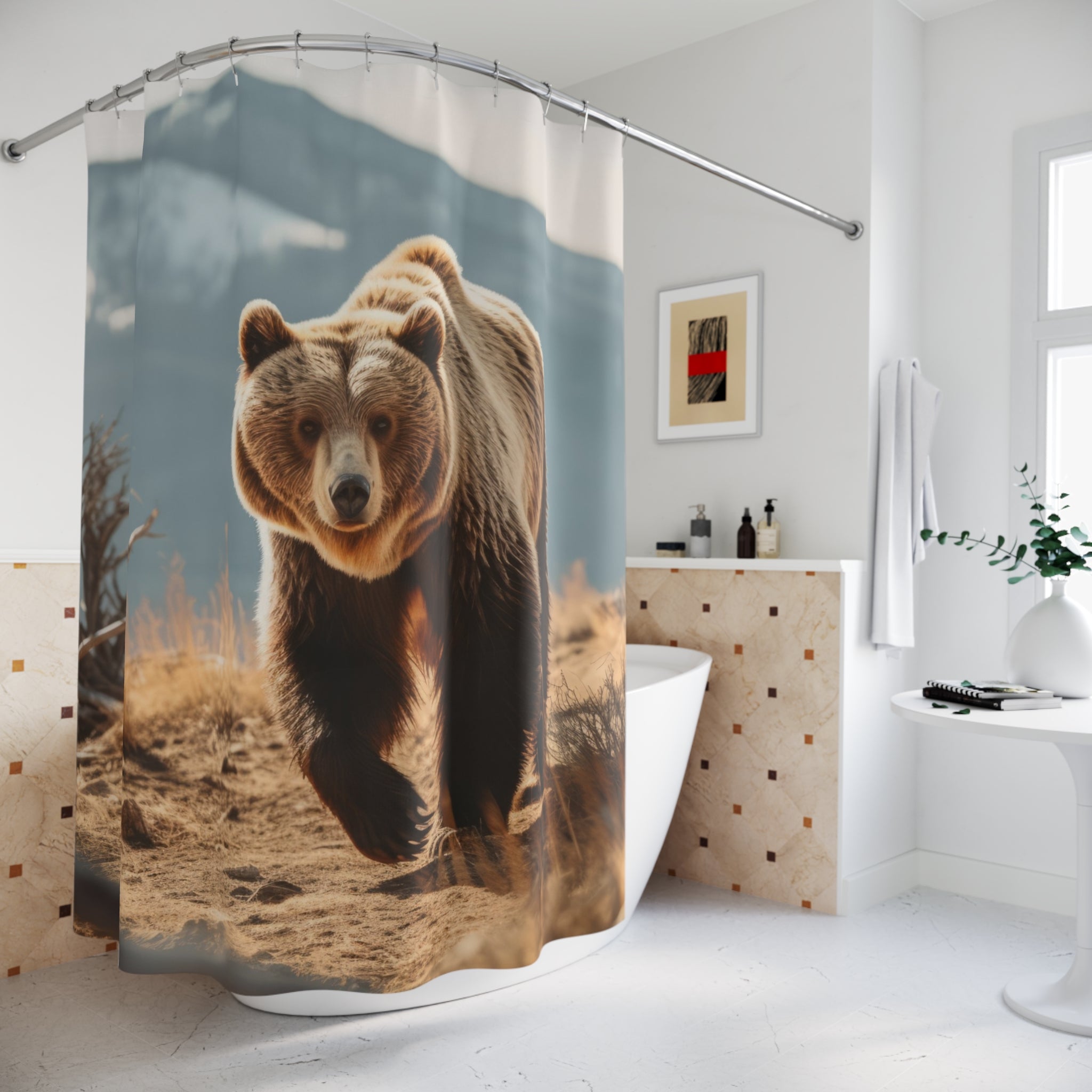 Photorealistic Grizzly Bear Shower Curtain Gift: Rugged Drama for Wilderness Homes