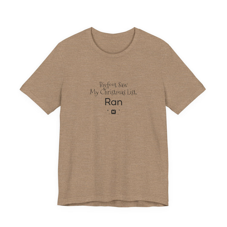 Bigfoot Christmas List T-shirt in heather-tan – original NewGiftDay design