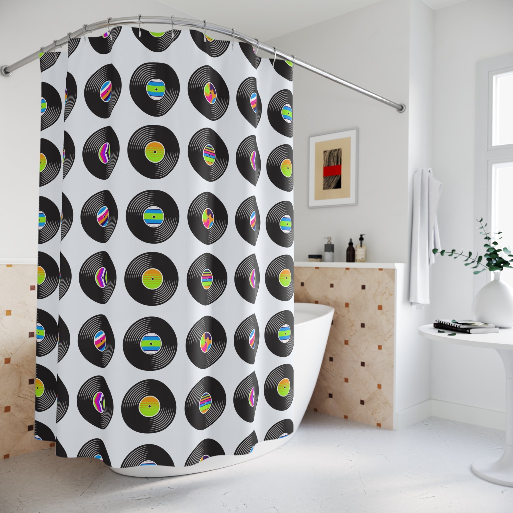 Retro Vinyl Record Pattern Shower Curtain Gift: Music Lover's Dream for Energetic Homes